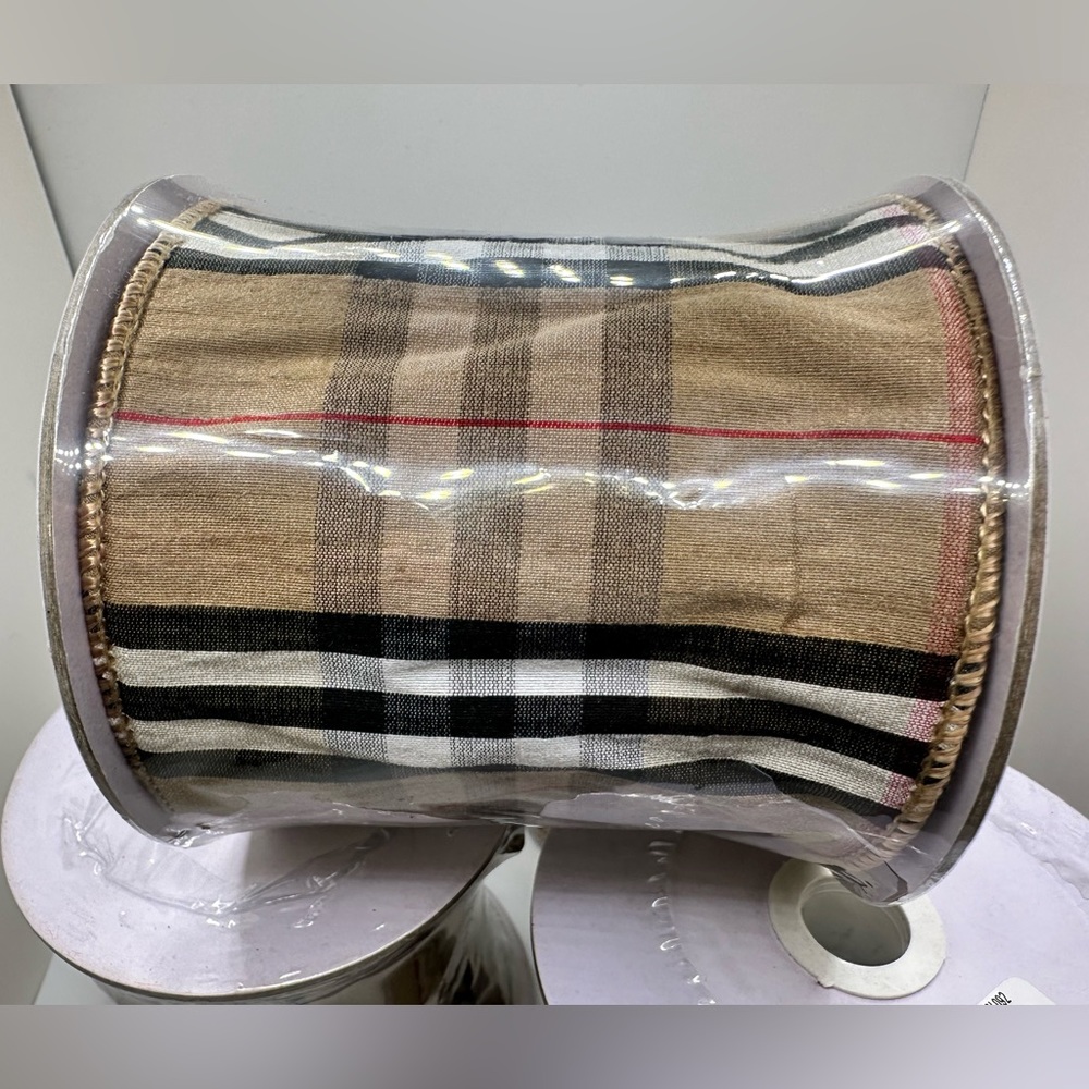 NWT Dupioni Brown Tartan Plaid Silk 4” Wired Ribbon